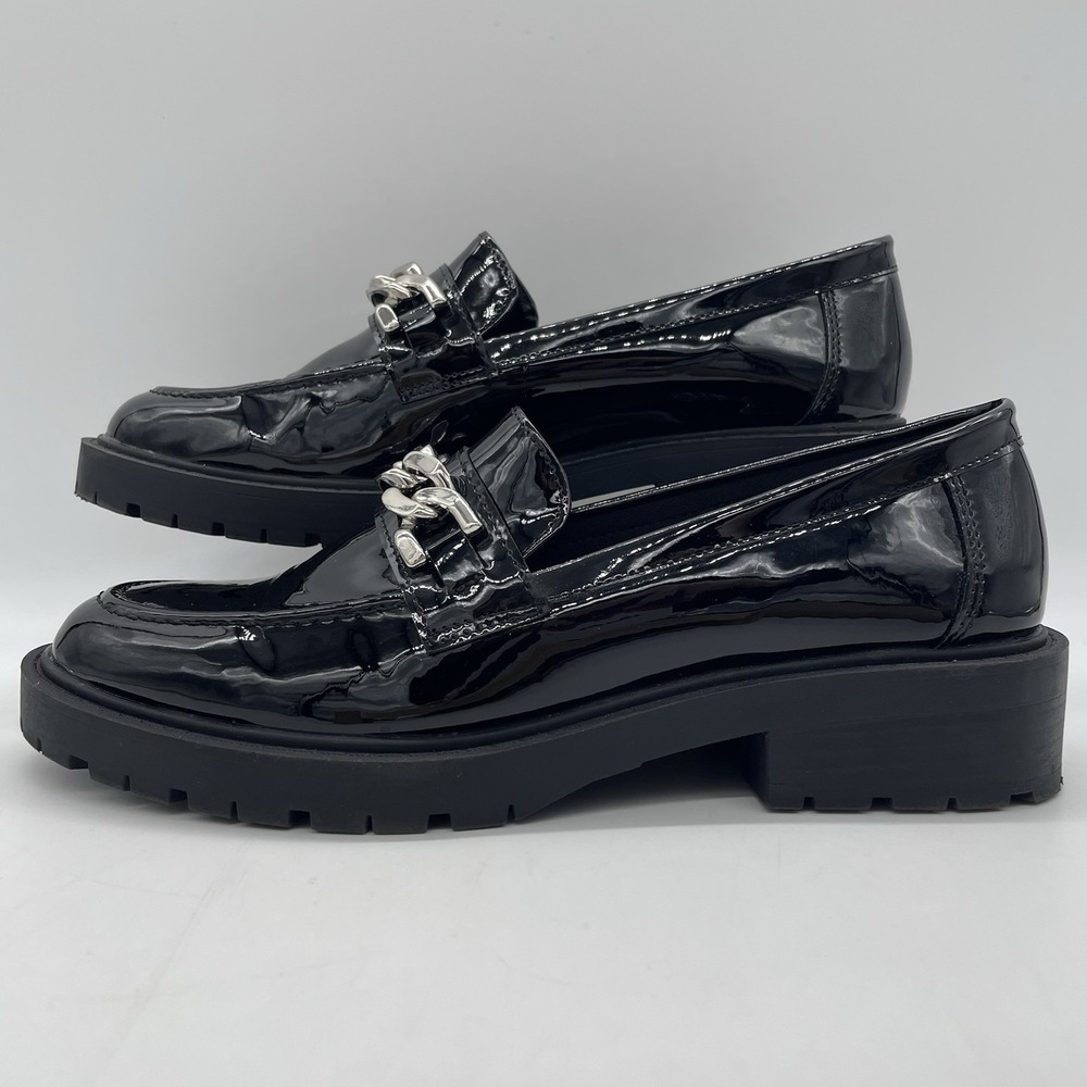 Serra Womens 8 Shoes Loafers Black Patent Leather Lug Platform Silver Chain Aldi